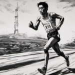 Black and white sketch of a Japanese man running a marathon mid-stride.