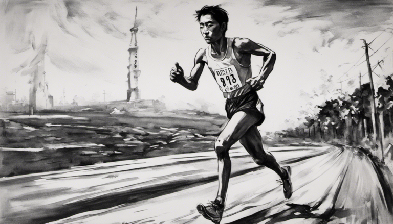 Black and white sketch of a Japanese man running a marathon mid-stride.