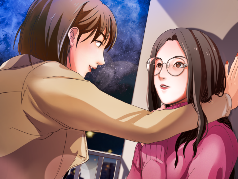 An anime girl performing a kabedon on another girl with glasses. Eyes locked and hand resting close to the love interest's head.