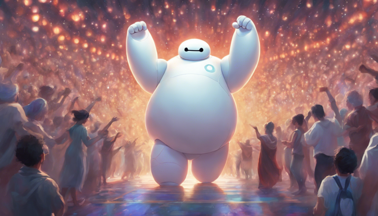 Baymax dancing in the middle of a massive crowd.