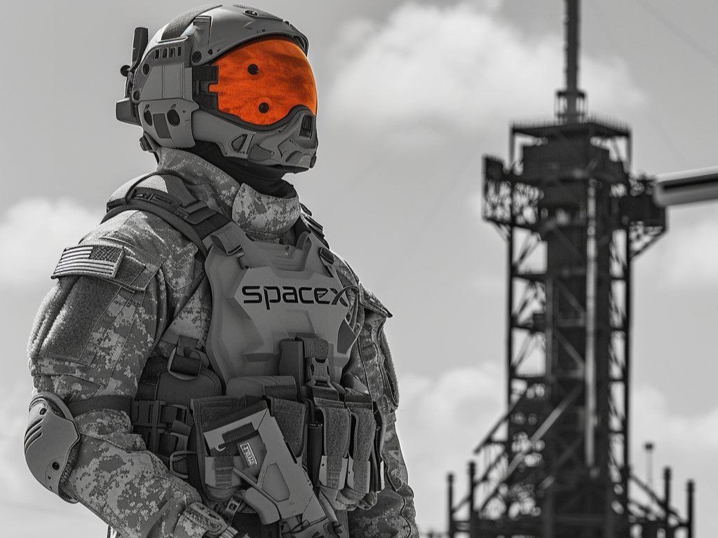 Photo of a soldier in a SpaceX uniform looking up.