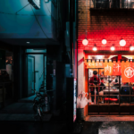 A night photo of an izayaka serving yakiniku in Tokyo.