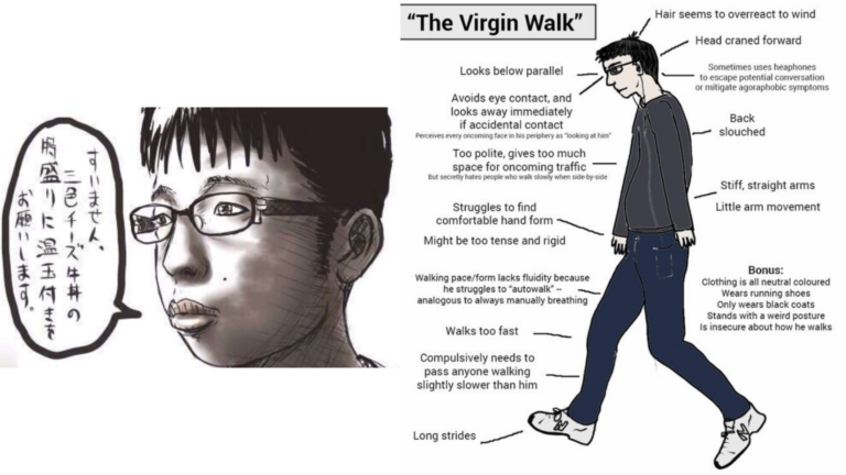 Image of the Japanese Chigyu meme compared to the American Virgin Walk meme.