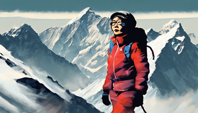 Digital drawing of Junko Tabei climbing a mountain range in a red jacket.