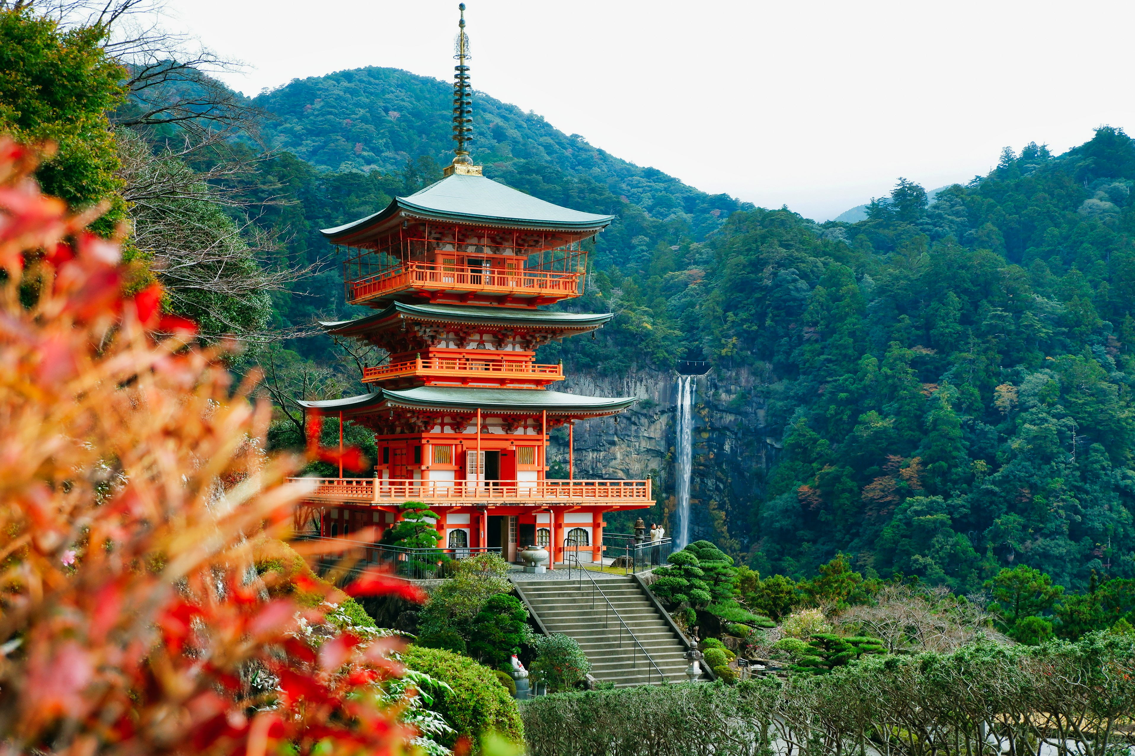 A view of the Nachiyama Pagoda on the Kumano Kodo Trail.