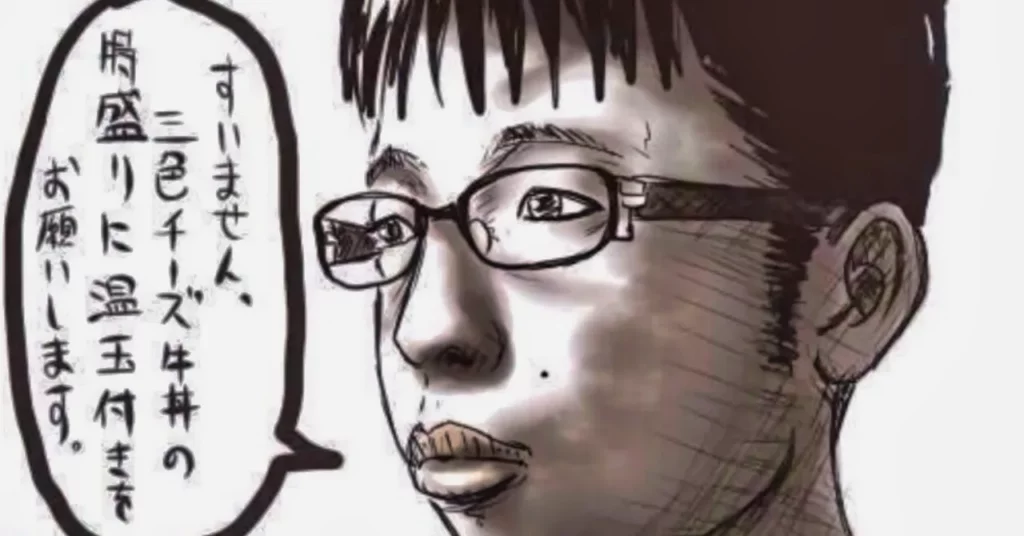 A nerdy looking young man with glasses ordering a cheese gyudon with triple cheese and a poached egg.