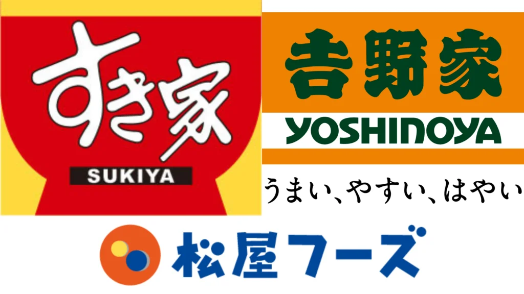 Logos of Sukiya, Yoshinoya and Matsuya. The 3 most common gyudon chains that serve chigyu.
