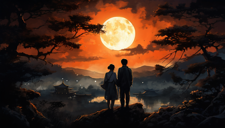 Drawing of a Japanese couple viewing the bright full moon overlooking a city.