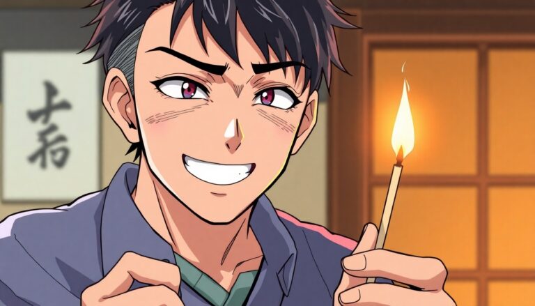 An anime Japanese guy holding a lit match while laughing ominously.