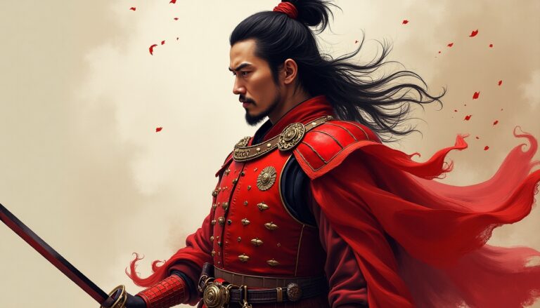 A fantasy style drawing of Sanada Yukimura in his signature red samurai armor without the helmet.