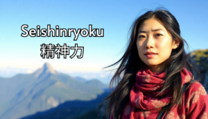 An asian woman at the top of a mountain with the words "Seishinryoku" in the background.