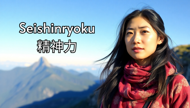 An asian woman at the top of a mountain with the words "Seishinryoku" in the background.