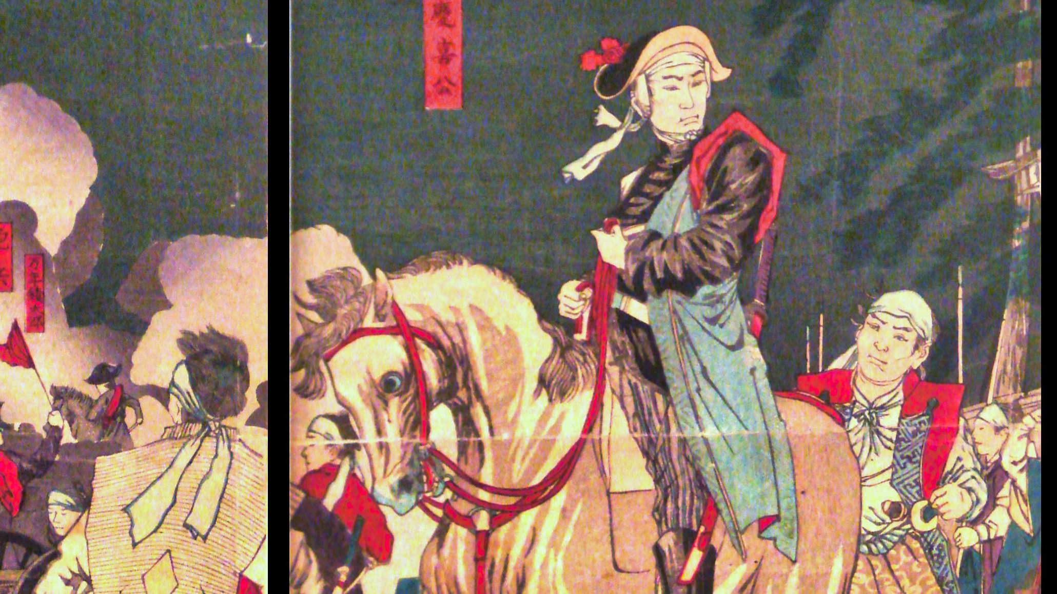 An 1870 woodblock print of Tokugawa Yoshinobu on his horse organizing the defense of Osaka Castle.