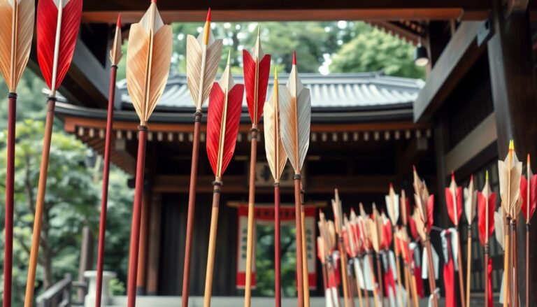 2 Bunches of hamaya arrows in front of a Japanese shinto shrine.