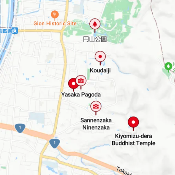 A map of Kyoto with multiple pins showing attractions worth visiting near Kiyomizu-dera.