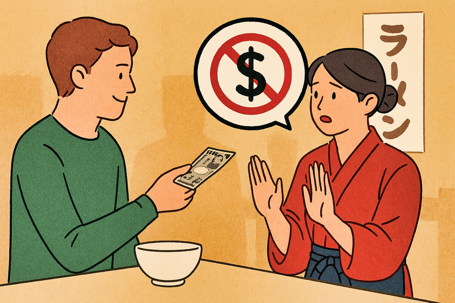 An illustration of an American man attempting to tip a Japanese service worker and being refused.