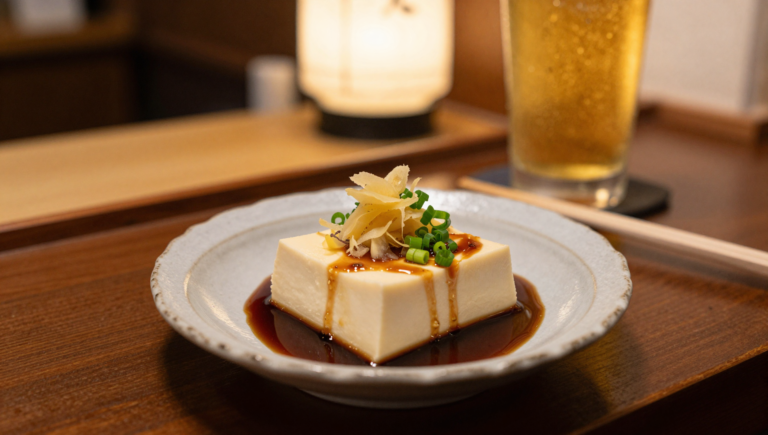 A close-up shot of Hiyayakko (chilled silken tofu) served as an otoshi appetizer. A smooth, square block of white tofu sits in a shallow ceramic bowl with a dark soy-based sauce, topped with shredded ginger and sliced green onions. In the blurred background, a glass of beer and a traditional Japanese lamp sit on a wooden izakaya counter.